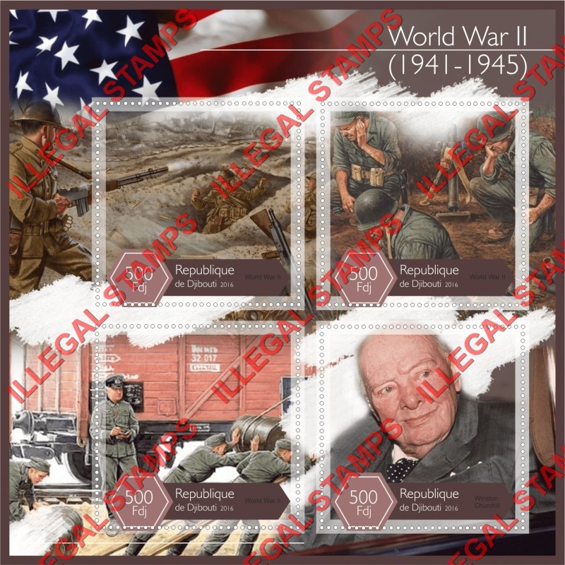 Djibouti 2016 World War II (different) Illegal Stamp Souvenir Sheet of 4 Djibouti 2016 World War II (different) Illegal Stamp Souvenir Sheet of 4