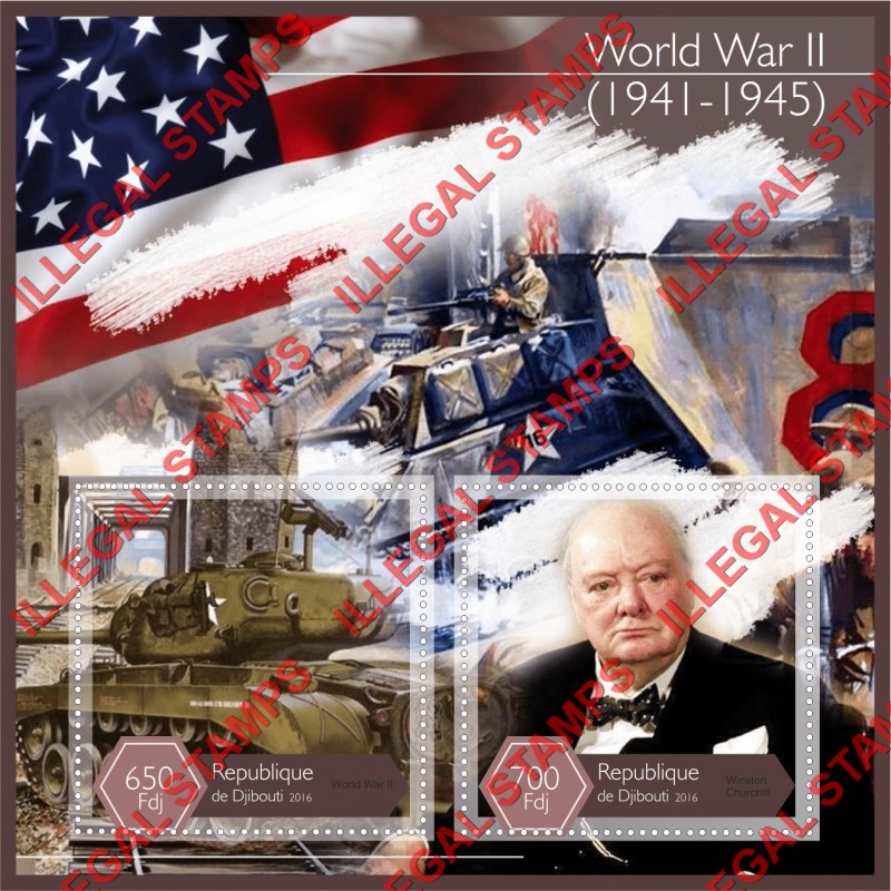 Djibouti 2016 World War II (different) Illegal Stamp Souvenir Sheet of 2 Djibouti 2016 World War II (different) Illegal Stamp Souvenir Sheet of 2