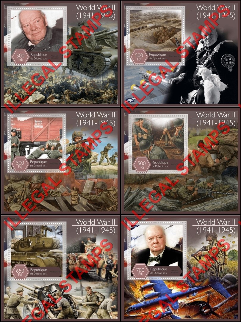 Djibouti 2016 World War II (different) Illegal Stamp Souvenir Sheets of 1 Djibouti 2016 World War II (different) Illegal Stamp Souvenir Sheets of 1