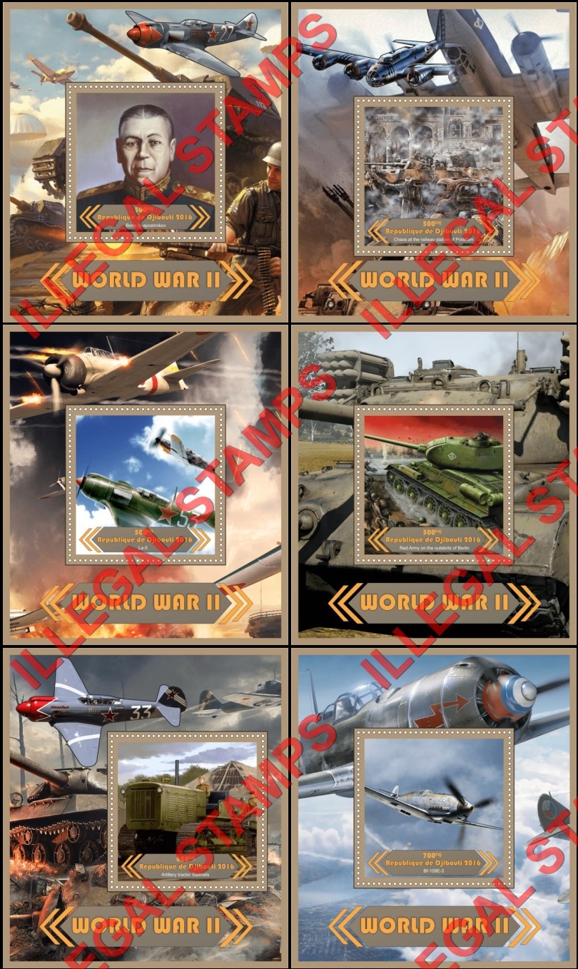 Djibouti 2016 World War II Illegal Stamp Souvenir Sheets of 1 Djibouti 2016 World War II Illegal Stamp Souvenir Sheets of 1