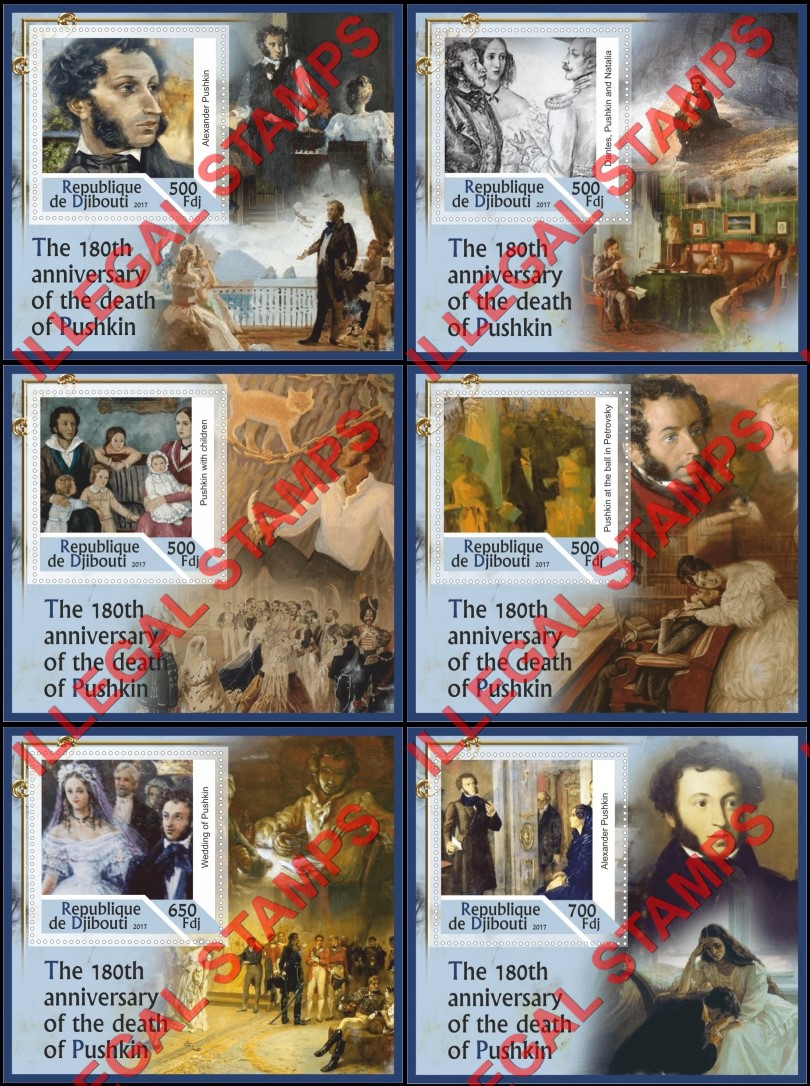 Djibouti 2017 Alexander Pushkin Illegal Stamp Souvenir Sheets of 1 Djibouti 2017 Alexander Pushkin Illegal Stamp Souvenir Sheets of 1