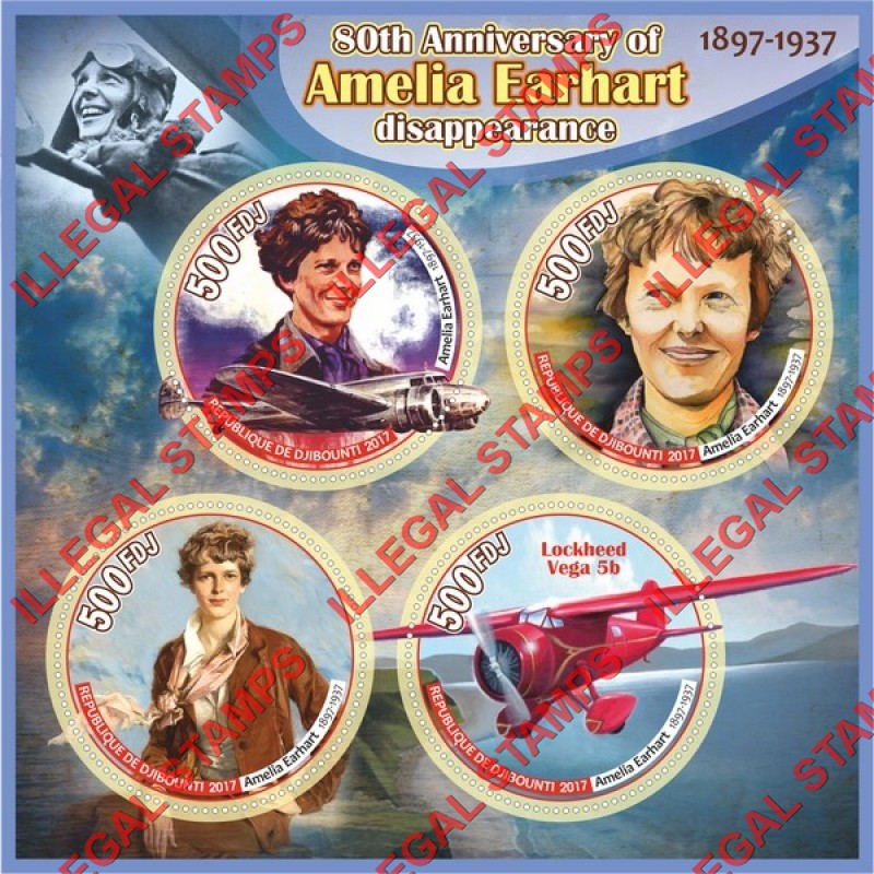 Djibouti 2017 Amelia Earhart Illegal Stamp Souvenir Sheet of 4 Djibouti 2017 Amelia Earhart Illegal Stamp Souvenir Sheet of 4