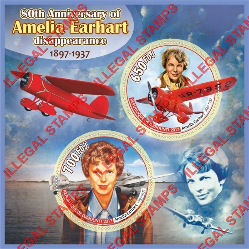Djibouti 2017 Amelia Earhart Illegal Stamp Souvenir Sheet of 2 Djibouti 2017 Amelia Earhart Illegal Stamp Souvenir Sheet of 2