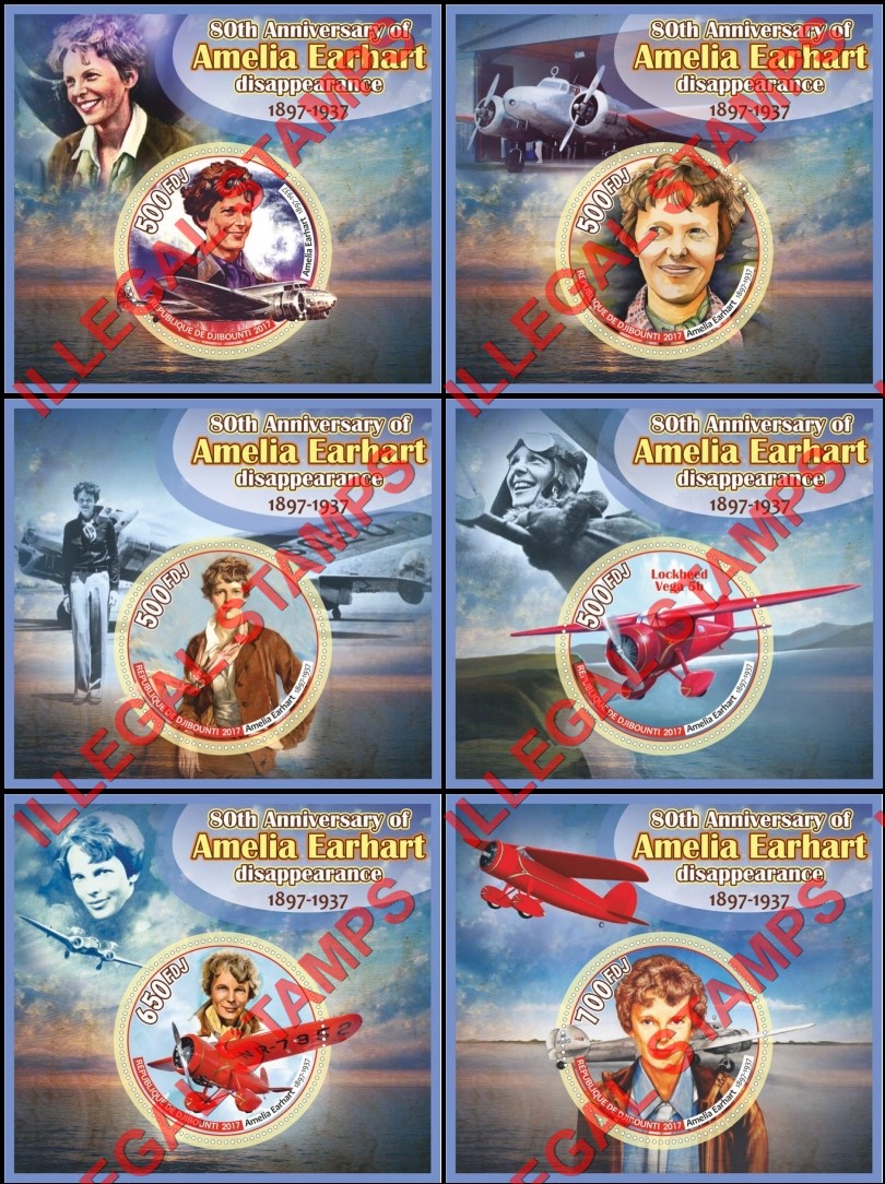 Djibouti 2017 Amelia Earhart Illegal Stamp Souvenir Sheets of 1 Djibouti 2017 Amelia Earhart Illegal Stamp Souvenir Sheets of 1