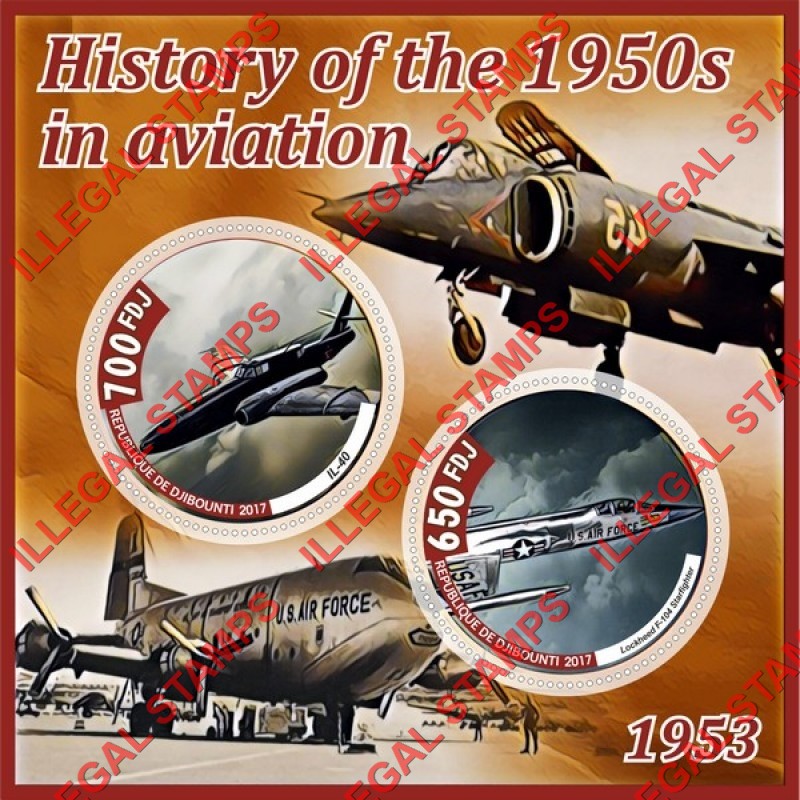 Djibouti 2017 Aviation History in the 1950's 1953 Illegal Stamp Souvenir Sheet of 2 Djibouti 2017 Aviation History in the 1950's 1953 Illegal Stamp Souvenir Sheet of 2