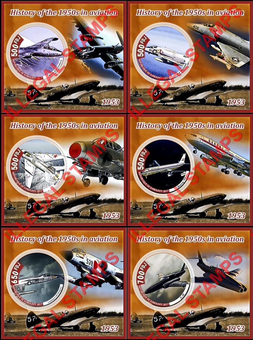 Djibouti 2017 Aviation History in the 1950's 1953 Illegal Stamp Souvenir Sheets of 1 Djibouti 2017 Aviation History in the 1950's 1953 Illegal Stamp Souvenir Sheets of 1