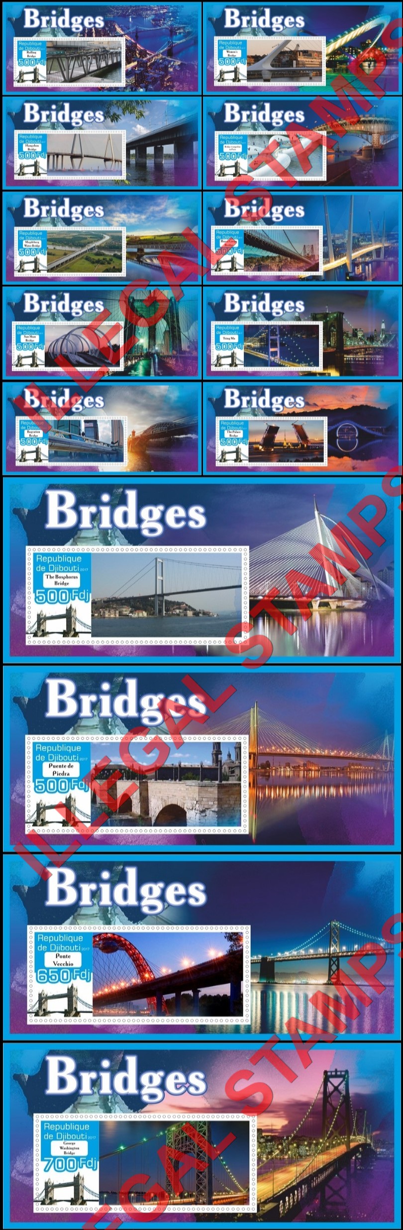 Djibouti 2017 Bridges Illegal Stamp Souvenir Sheets of 1 Djibouti 2017 Bridges Illegal Stamp Souvenir Sheets of 1