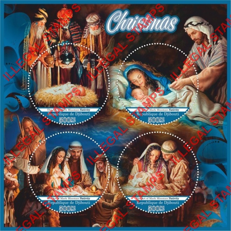 Djibouti 2017 Christmas Art by Mark Missman Illegal Stamp Souvenir Sheet of 4 Djibouti 2017 Christmas Art by Mark Missman Illegal Stamp Souvenir Sheet of 4