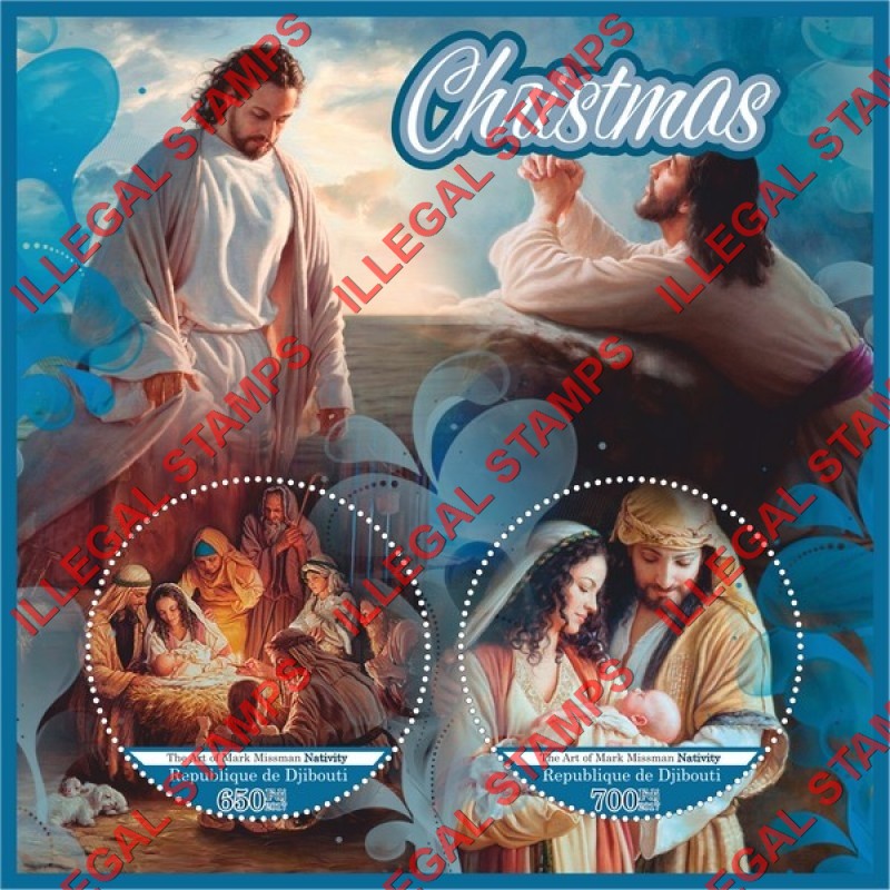 Djibouti 2017 Christmas Art by Mark Missman Illegal Stamp Souvenir Sheet of 2 Djibouti 2017 Christmas Art by Mark Missman Illegal Stamp Souvenir Sheet of 2