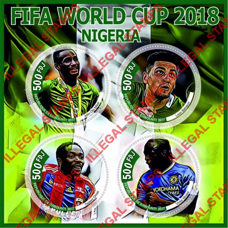 Djibouti 2017 FIFA World Cup Soccer in Russia in 2018 Nigeria Players Illegal Stamp Souvenir Sheet of 4 Djibouti 2017 FIFA World Cup Soccer in Russia in 2018 Nigeria Players Illegal Stamp Souvenir Sheet of 4