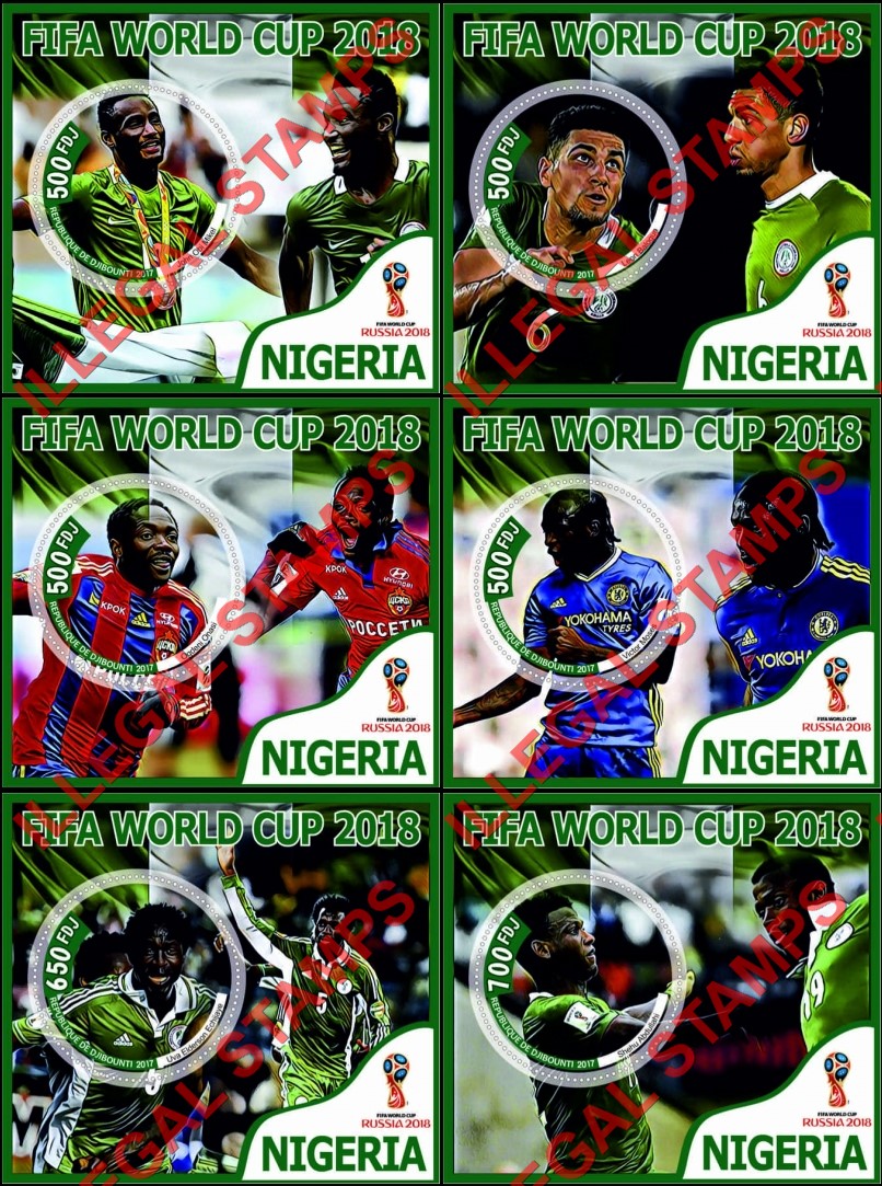 Djibouti 2017 FIFA World Cup Soccer in Russia in 2018 Nigeria Players Illegal Stamp Souvenir Sheets of 1 Djibouti 2017 FIFA World Cup Soccer in Russia in 2018 Nigeria Players Illegal Stamp Souvenir Sheets of 1