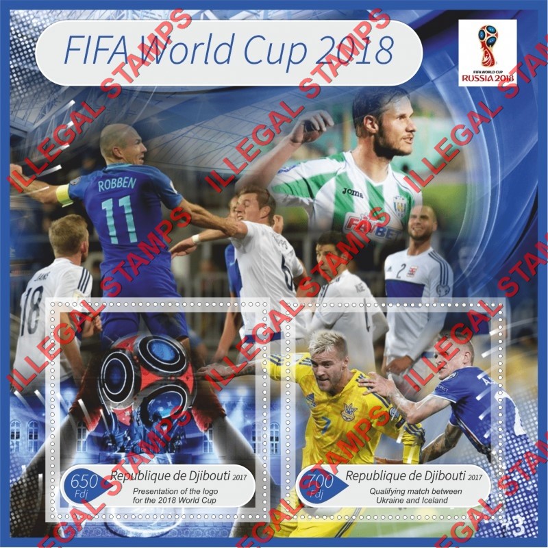 Djibouti 2017 FIFA World Cup Soccer in Russia in 2018 Illegal Stamp Souvenir Sheet of 2 Djibouti 2017 FIFA World Cup Soccer in Russia in 2018 Illegal Stamp Souvenir Sheet of 2