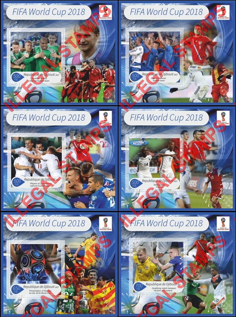 Djibouti 2017 FIFA World Cup Soccer in Russia in 2018 Illegal Stamp Souvenir Sheets of 1 Djibouti 2017 FIFA World Cup Soccer in Russia in 2018 Illegal Stamp Souvenir Sheets of 1