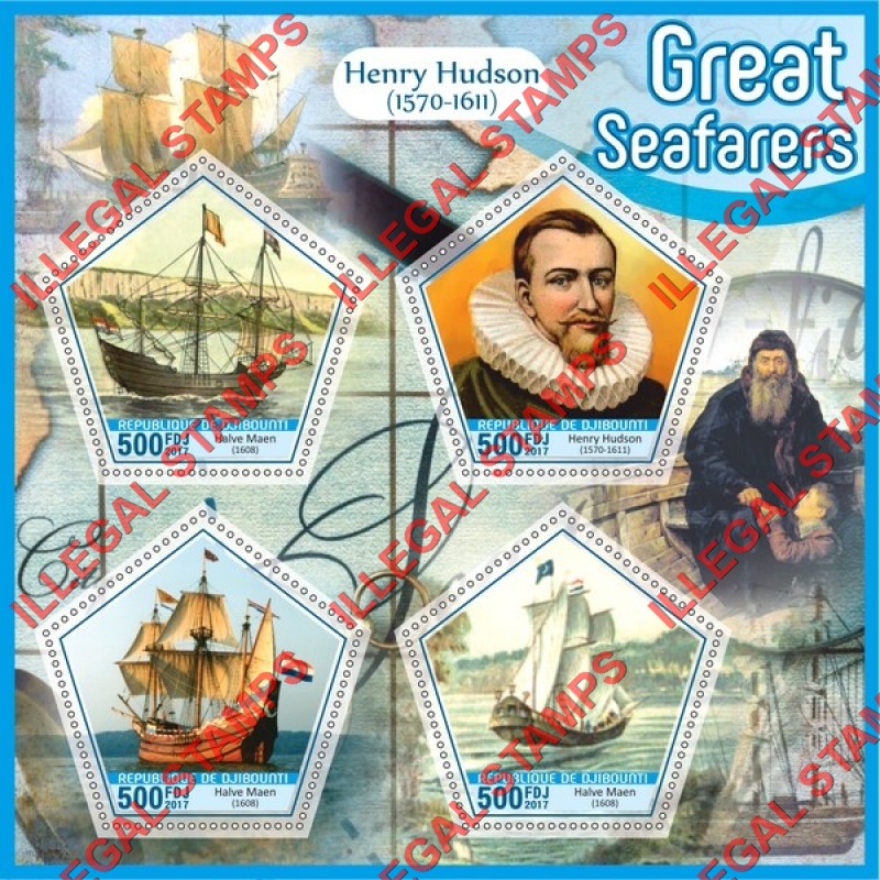 Djibouti 2017 Henry Hudson Halve Maen Sailing Ship Illegal Stamp Souvenir Sheet of 4 Djibouti 2017 Henry Hudson Halve Maen Sailing Ship Illegal Stamp Souvenir Sheet of 4