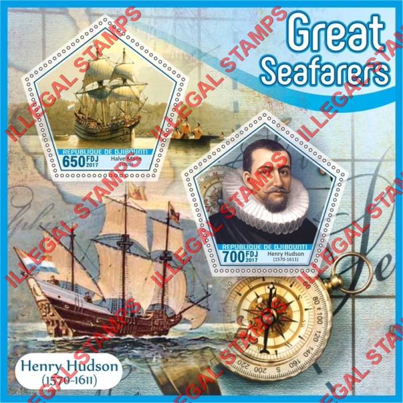 Djibouti 2017 Henry Hudson Halve Maen Sailing Ship Illegal Stamp Souvenir Sheet of 2 Djibouti 2017 Henry Hudson Halve Maen Sailing Ship Illegal Stamp Souvenir Sheet of 2