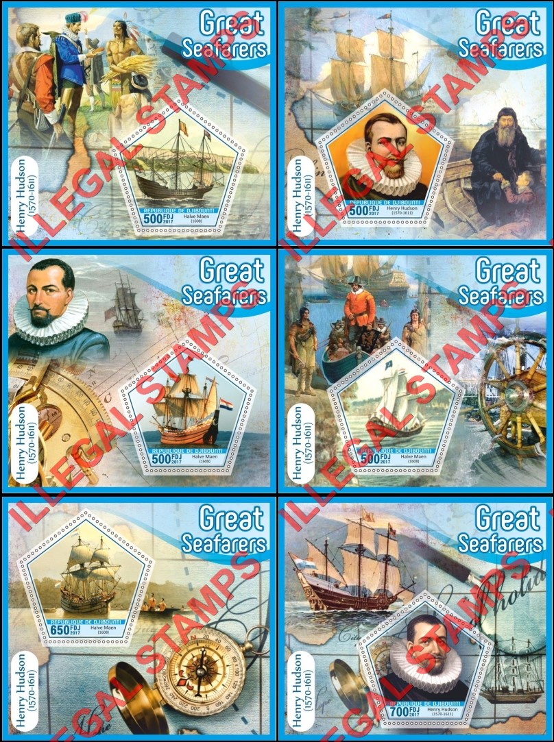 Djibouti 2017 Henry Hudson Halve Maen Sailing Ship Illegal Stamp Souvenir Sheets of 1 Djibouti 2017 Henry Hudson Halve Maen Sailing Ship Illegal Stamp Souvenir Sheets of 1
