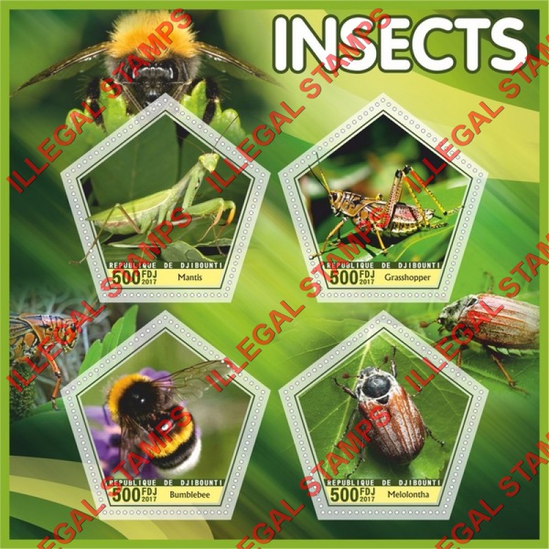 Djibouti 2017 Insects Illegal Stamp Souvenir Sheet of 4 Djibouti 2017 Insects Illegal Stamp Souvenir Sheet of 4