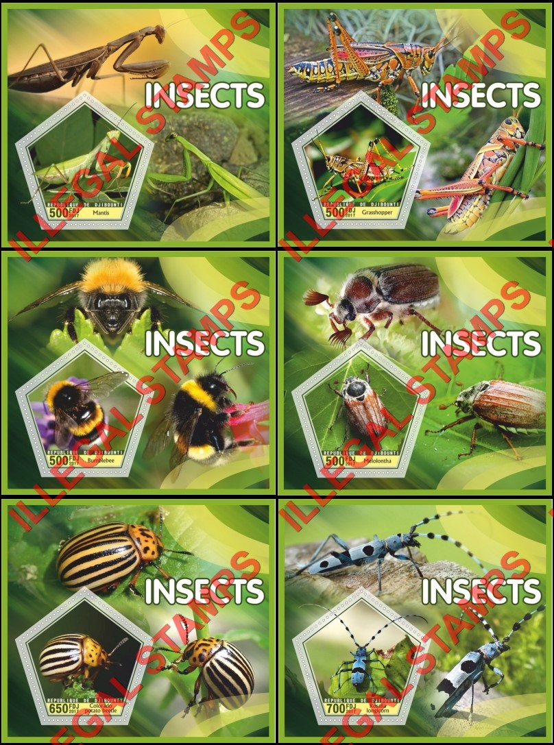 Djibouti 2017 Insects Illegal Stamp Souvenir Sheets of 1 Djibouti 2017 Insects Illegal Stamp Souvenir Sheets of 1