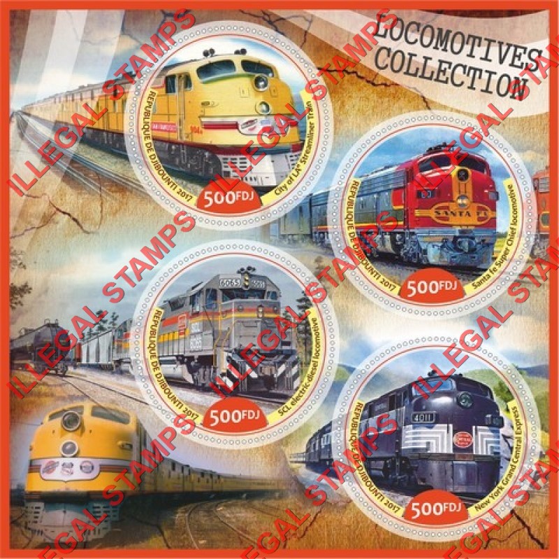 Djibouti 2017 Locomotives Illegal Stamp Souvenir Sheet of 4 Djibouti 2017 Locomotives Illegal Stamp Souvenir Sheet of 4
