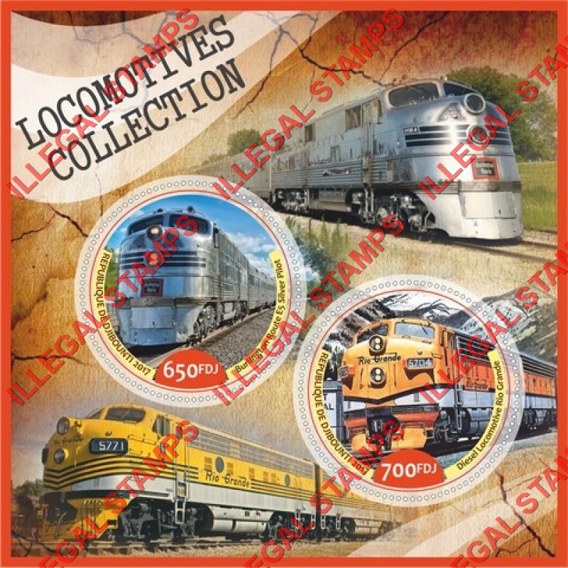 Djibouti 2017 Locomotives Illegal Stamp Souvenir Sheet of 2 Djibouti 2017 Locomotives Illegal Stamp Souvenir Sheet of 2