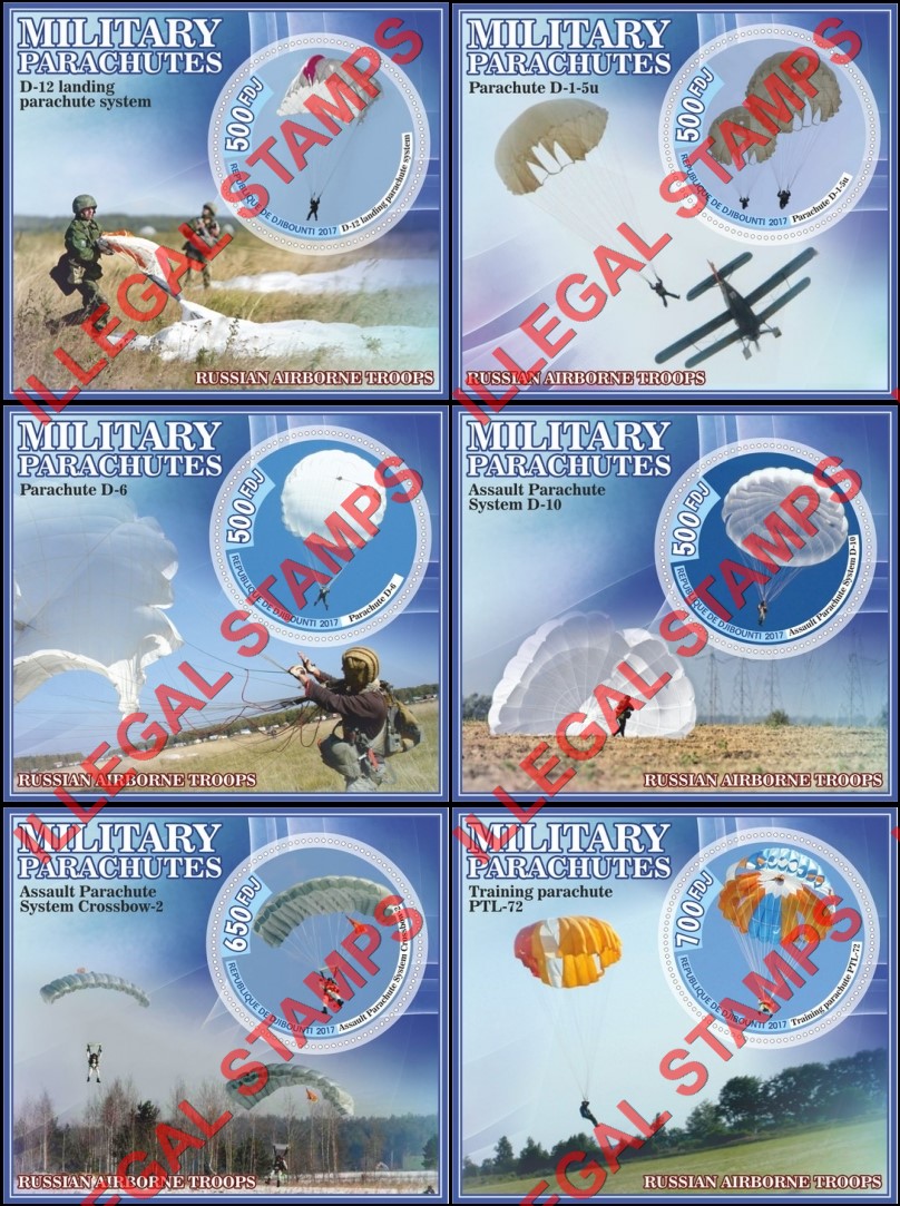 Djibouti 2017 Military Parachutes Illegal Stamp Souvenir Sheets of 1 Djibouti 2017 Military Parachutes Illegal Stamp Souvenir Sheets of 1