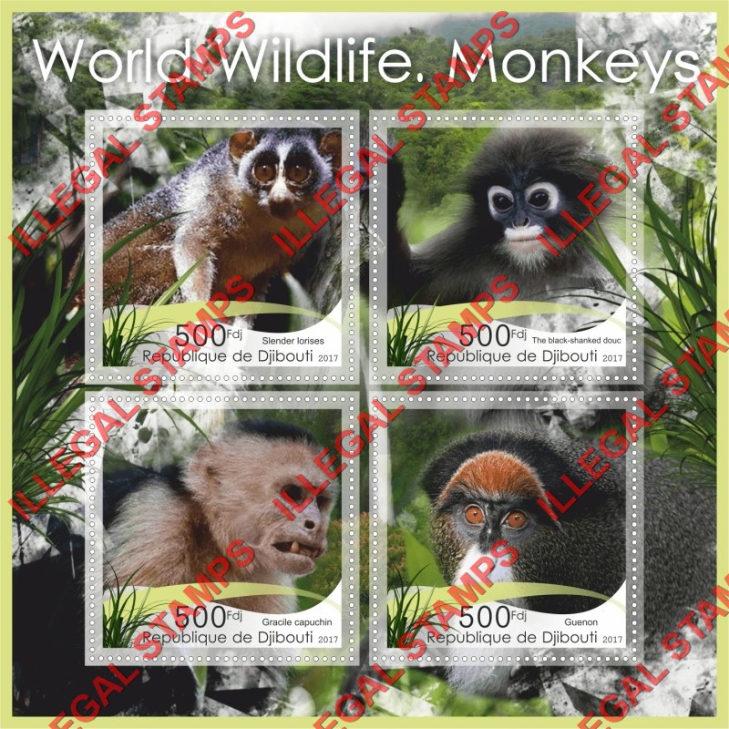 Djibouti 2017 Monkeys World Wildlife Illegal Stamp Souvenir Sheet of 4 Djibouti 2017 Monkeys World Wildlife Illegal Stamp Souvenir Sheet of 4