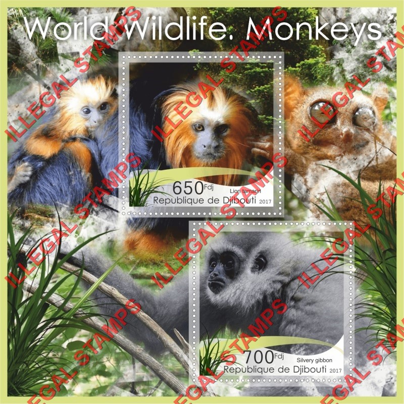 Djibouti 2017 Monkeys World Wildlife Illegal Stamp Souvenir Sheet of 2 Djibouti 2017 Monkeys World Wildlife Illegal Stamp Souvenir Sheet of 2