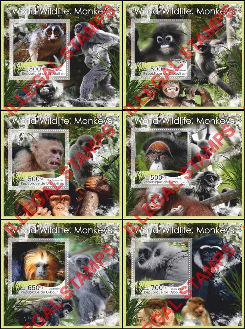 Djibouti 2017 Monkeys World Wildlife Illegal Stamp Souvenir Sheets of 1 Djibouti 2017 Monkeys World Wildlife Illegal Stamp Souvenir Sheets of 1
