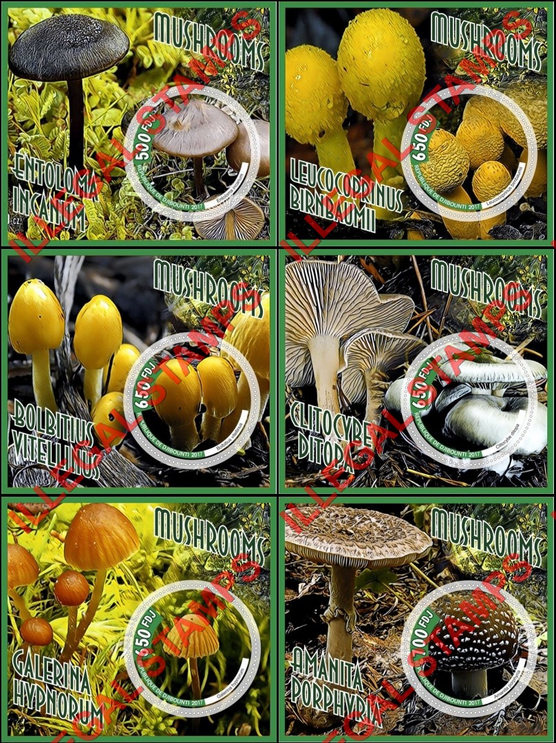 Djibouti 2017 Mushrooms Illegal Stamp Souvenir Sheets of 1 Djibouti 2017 Mushrooms Illegal Stamp Souvenir Sheets of 1