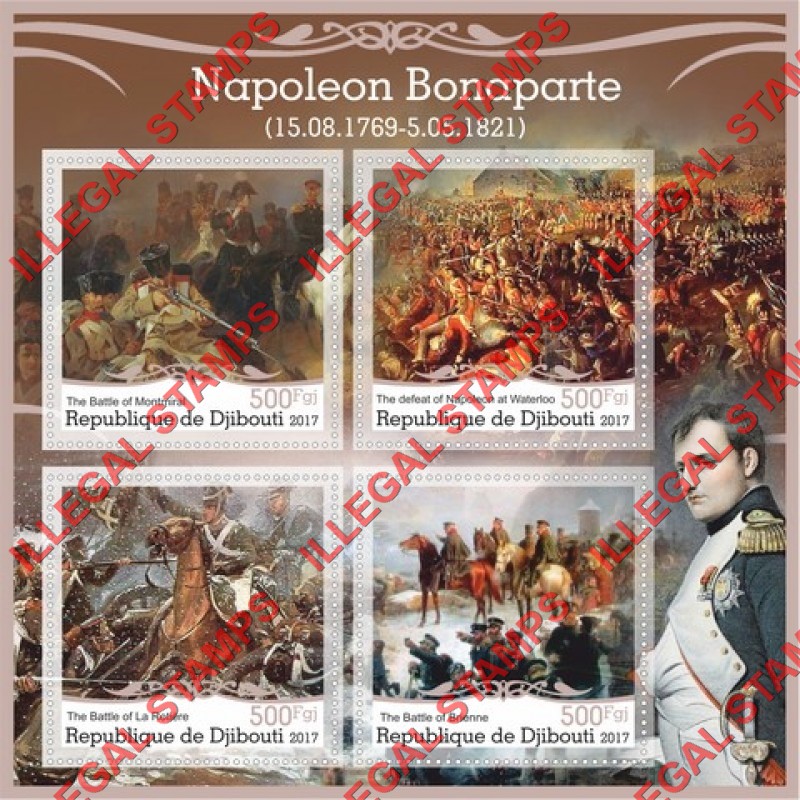 Djibouti 2017 Napoleon Bonaparte Battles Illegal Stamp Souvenir Sheet of 4 Djibouti 2017 Napoleon Bonaparte Battles Illegal Stamp Souvenir Sheet of 4