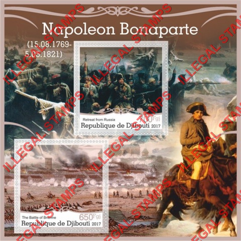 Djibouti 2017 Napoleon Bonaparte Battles Illegal Stamp Souvenir Sheet of 2 Djibouti 2017 Napoleon Bonaparte Battles Illegal Stamp Souvenir Sheet of 2