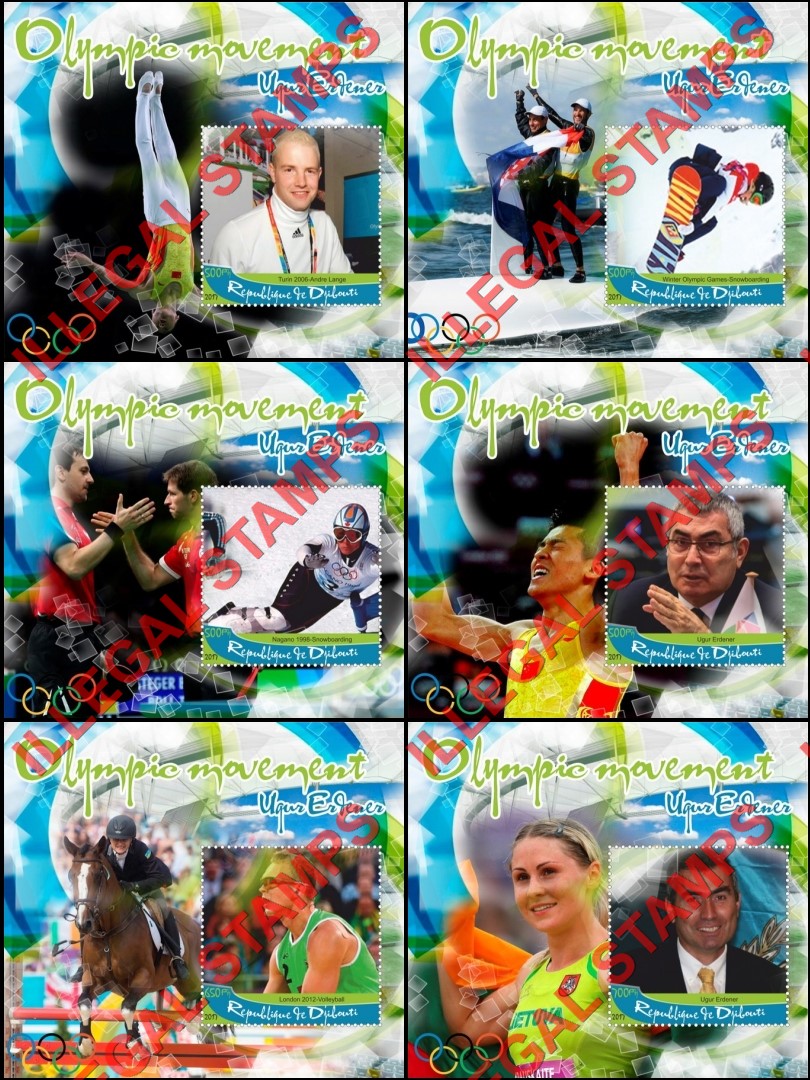 Djibouti 2017 Olympic Movement Ugur Erdener Illegal Stamp Souvenir Sheets of 1 Djibouti 2017 Olympic Movement Ugur Erdener Illegal Stamp Souvenir Sheets of 1