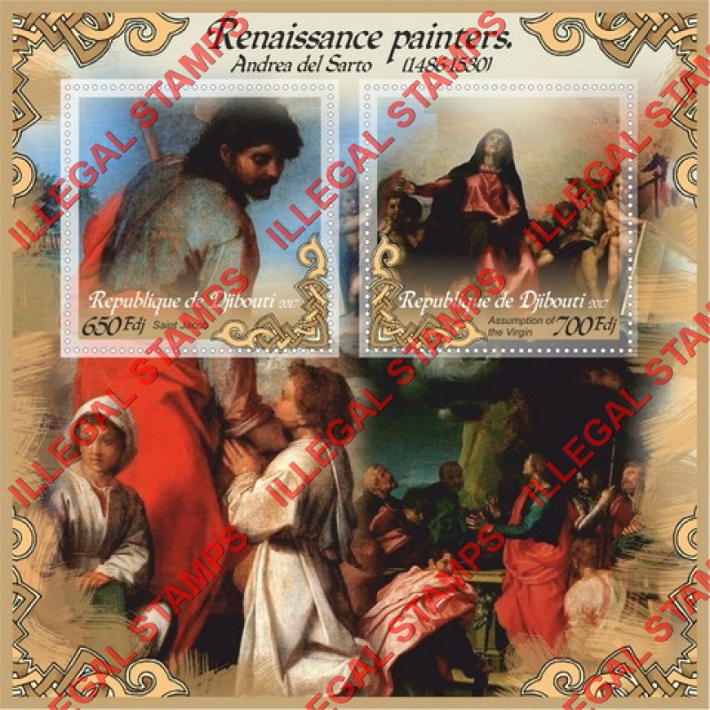 Djibouti 2017 Paintings by Andrea del Sarto Illegal Stamp Souvenir Sheet of 2 Djibouti 2017 Paintings by Andrea del Sarto Illegal Stamp Souvenir Sheet of 2