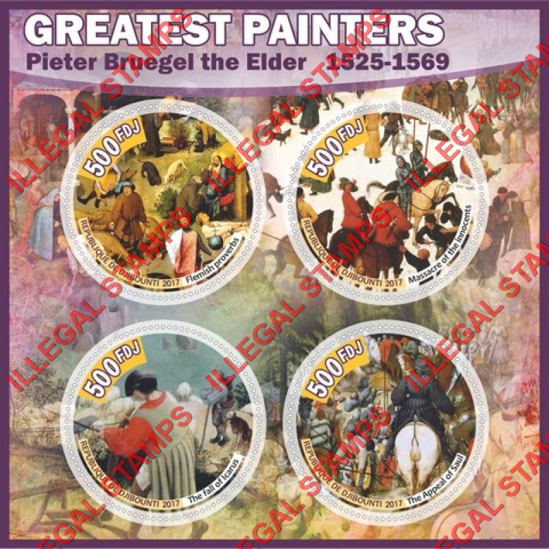 Djibouti 2017 Paintings by Pieter Bruegel the Elder Illegal Stamp Souvenir Sheet of 4 Djibouti 2017 Paintings by Pieter Bruegel the Elder Illegal Stamp Souvenir Sheet of 4