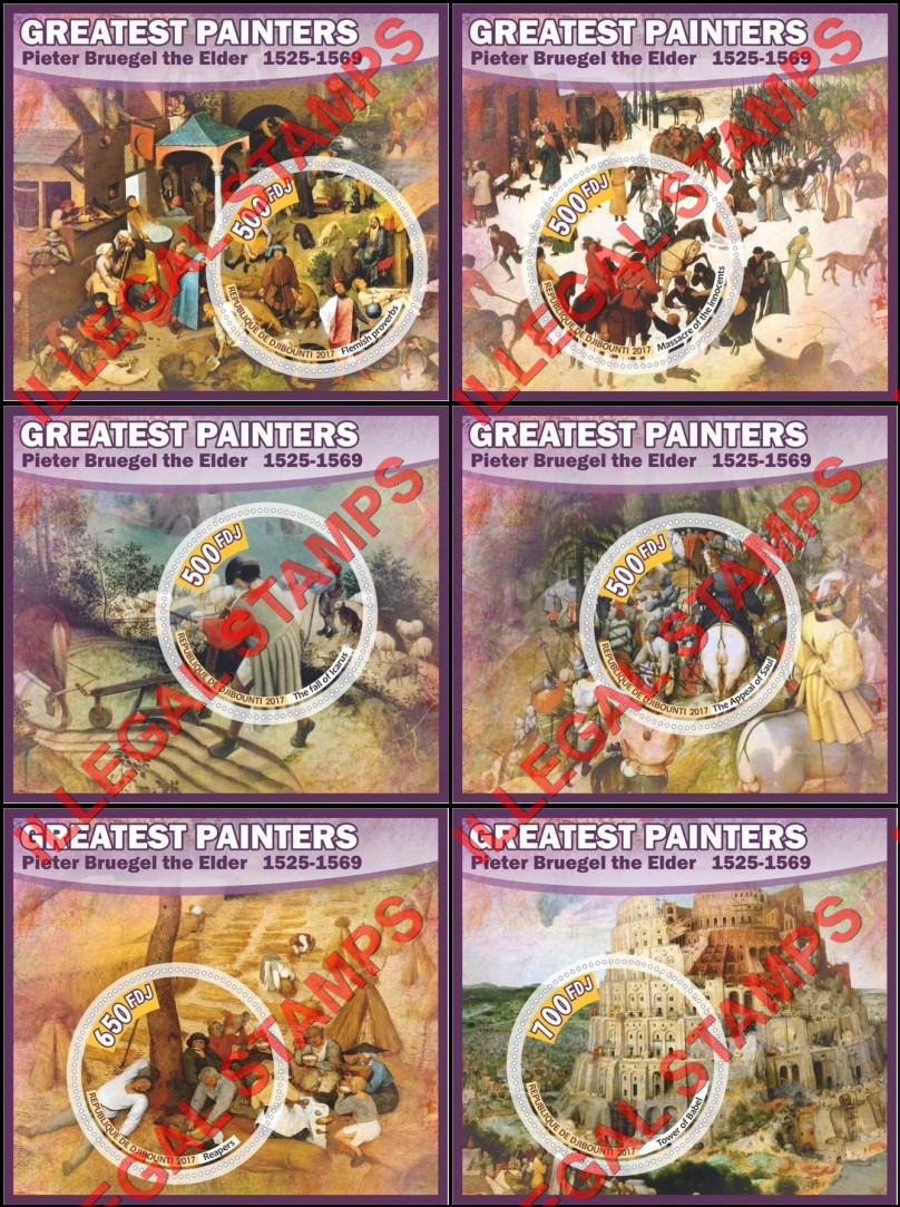 Djibouti 2017 Paintings by Pieter Bruegel the Elder Illegal Stamp Souvenir Sheets of 1 Djibouti 2017 Paintings by Pieter Bruegel the Elder Illegal Stamp Souvenir Sheets of 1