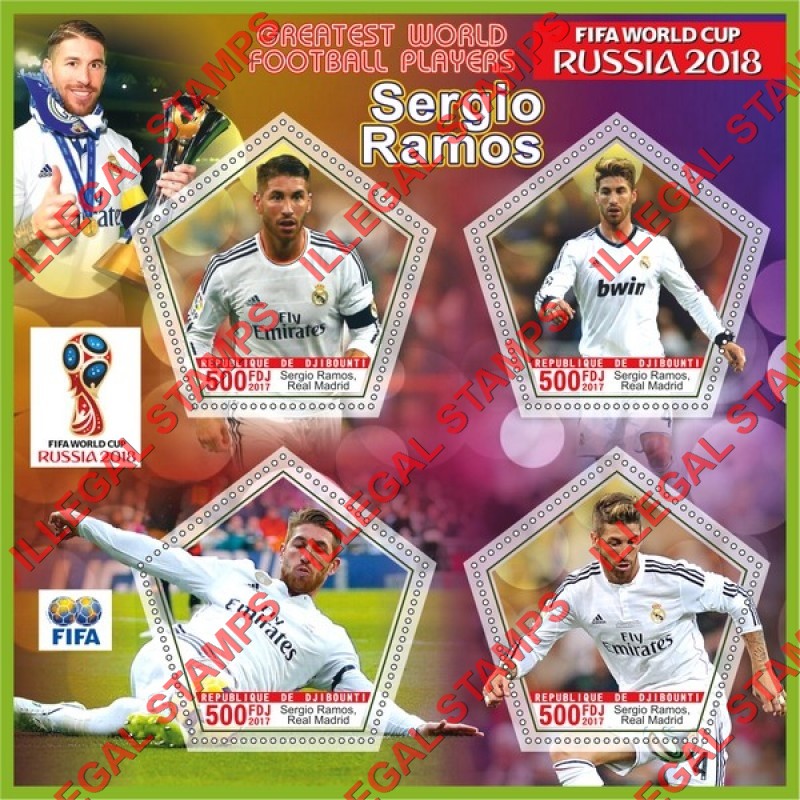 Djibouti 2017 Sergio Ramos Soccer Football Player Illegal Stamp Souvenir Sheet of 4 Djibouti 2017 Sergio Ramos Soccer Football Player Illegal Stamp Souvenir Sheet of 4