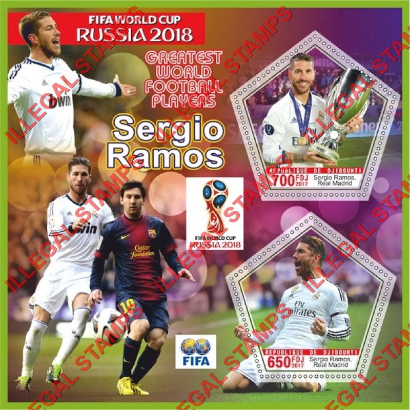 Djibouti 2017 Sergio Ramos Soccer Football Player Illegal Stamp Souvenir Sheet of 2 Djibouti 2017 Sergio Ramos Soccer Football Player Illegal Stamp Souvenir Sheet of 2