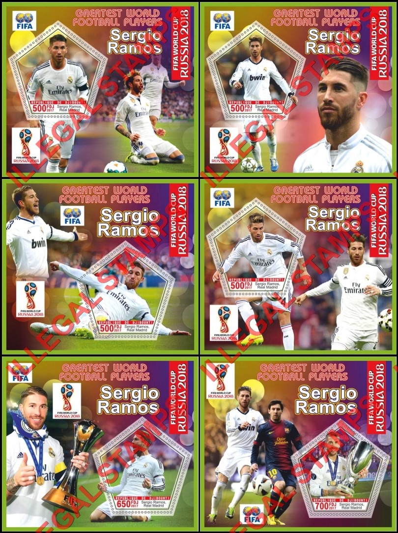 Djibouti 2017 Sergio Ramos Soccer Football Player Illegal Stamp Souvenir Sheets of 1 Djibouti 2017 Sergio Ramos Soccer Football Player Illegal Stamp Souvenir Sheets of 1