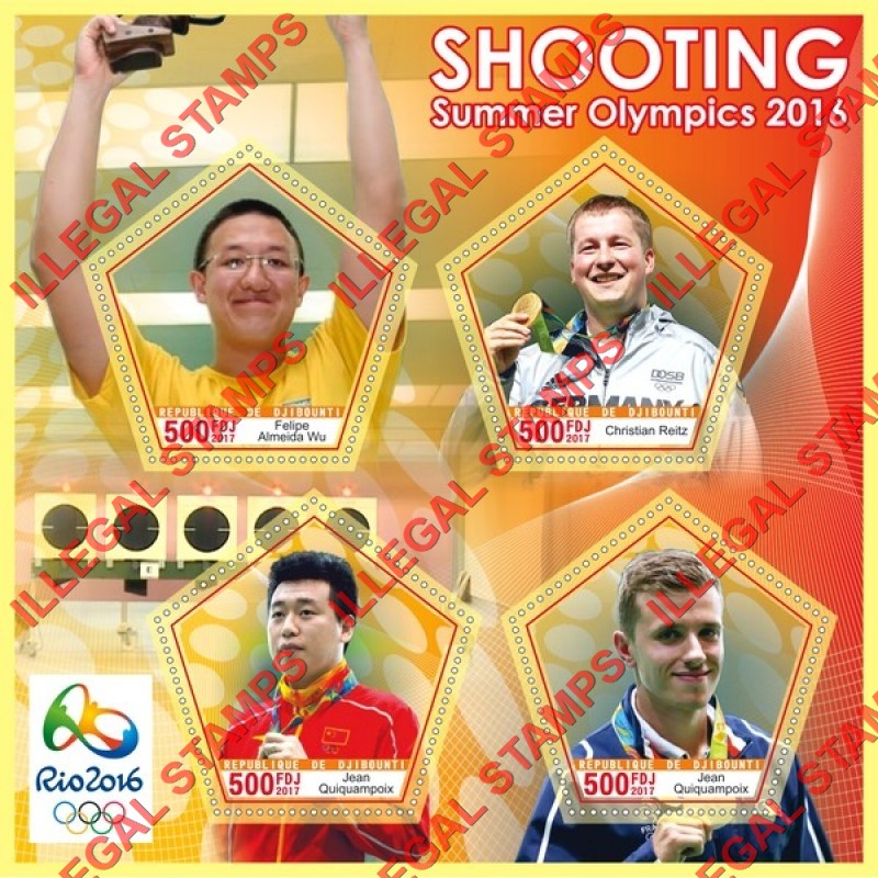 Djibouti 2017 Summer Olympics 2016 Shooting Illegal Stamp Souvenir Sheet of 4 Djibouti 2017 Summer Olympics 2016 Shooting Illegal Stamp Souvenir Sheet of 4