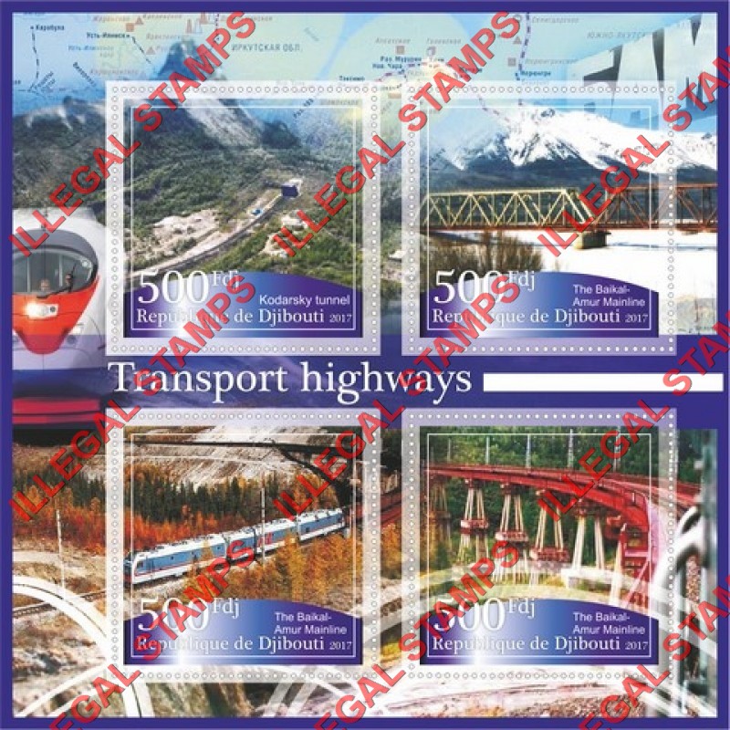 Djibouti 2017 Transport Highways Railways Illegal Stamp Souvenir Sheet of 4 Djibouti 2017 Transport Highways Railways Illegal Stamp Souvenir Sheet of 4