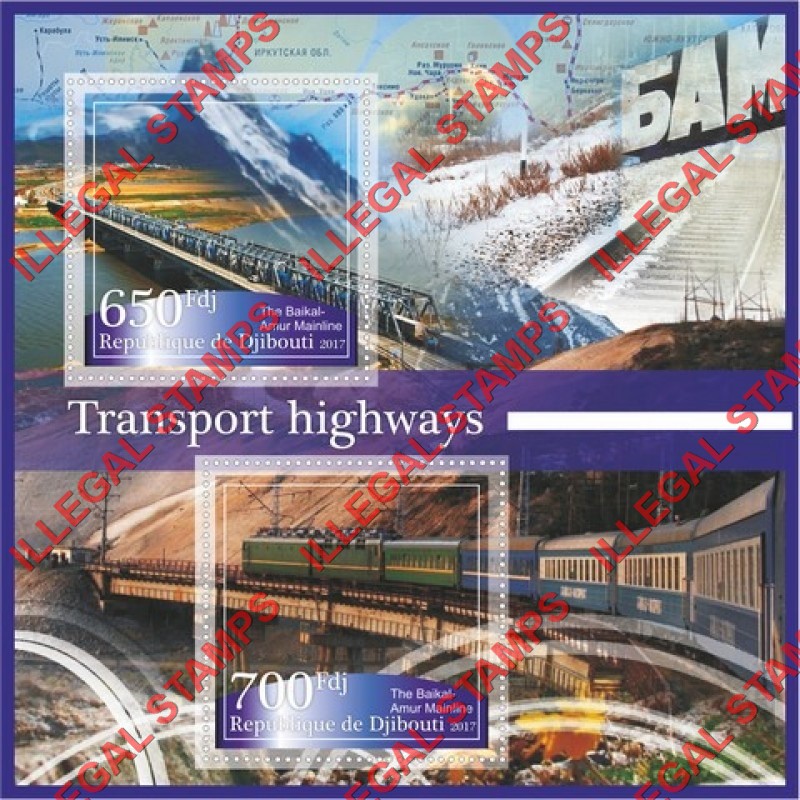 Djibouti 2017 Transport Highways Railways Illegal Stamp Souvenir Sheet of 2 Djibouti 2017 Transport Highways Railways Illegal Stamp Souvenir Sheet of 2