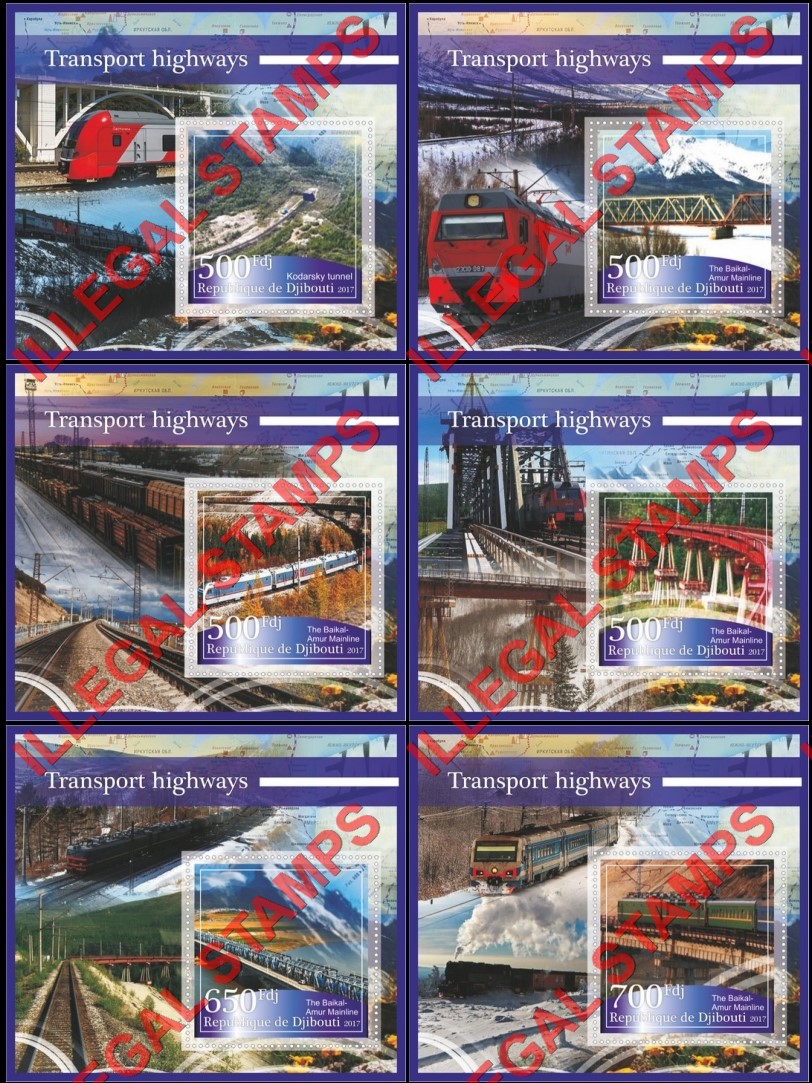 Djibouti 2017 Transport Highways Railways Illegal Stamp Souvenir Sheets of 1 Djibouti 2017 Transport Highways Railways Illegal Stamp Souvenir Sheets of 1