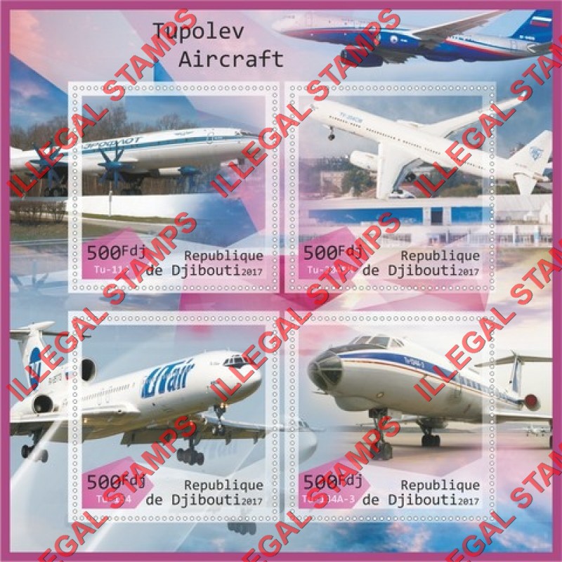 Djibouti 2017 Tupolev Aircraft (different) Illegal Stamp Souvenir Sheet of 4 Djibouti 2017 Tupolev Aircraft (different) Illegal Stamp Souvenir Sheet of 4