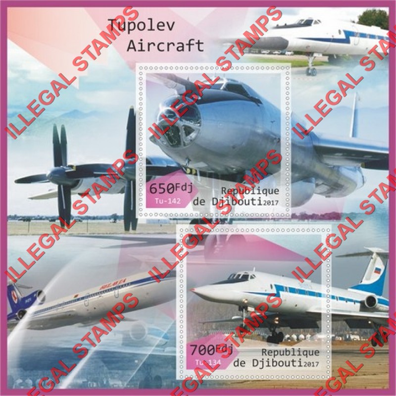 Djibouti 2017 Tupolev Aircraft (different) Illegal Stamp Souvenir Sheet of 2 Djibouti 2017 Tupolev Aircraft (different) Illegal Stamp Souvenir Sheet of 2