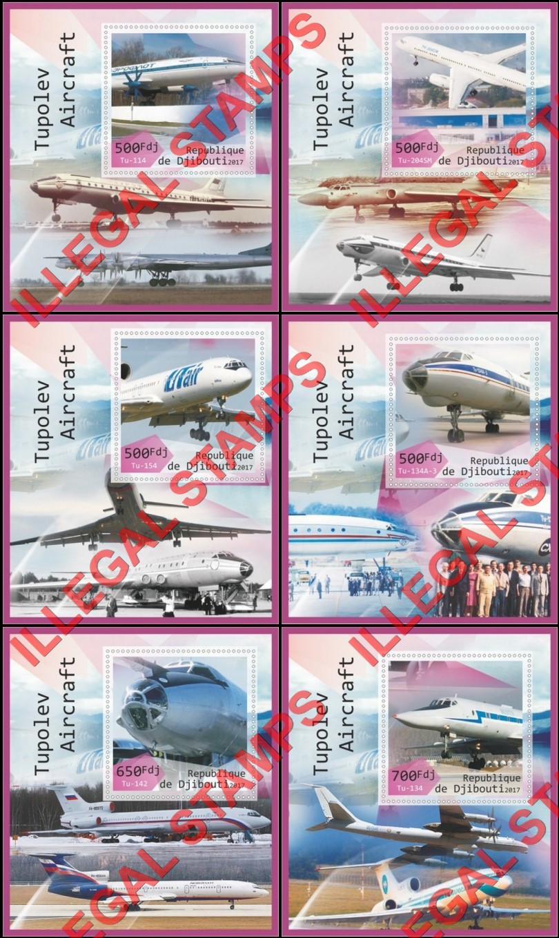 Djibouti 2017 Tupolev Aircraft (different) Illegal Stamp Souvenir Sheets of 1 Djibouti 2017 Tupolev Aircraft (different) Illegal Stamp Souvenir Sheets of 1