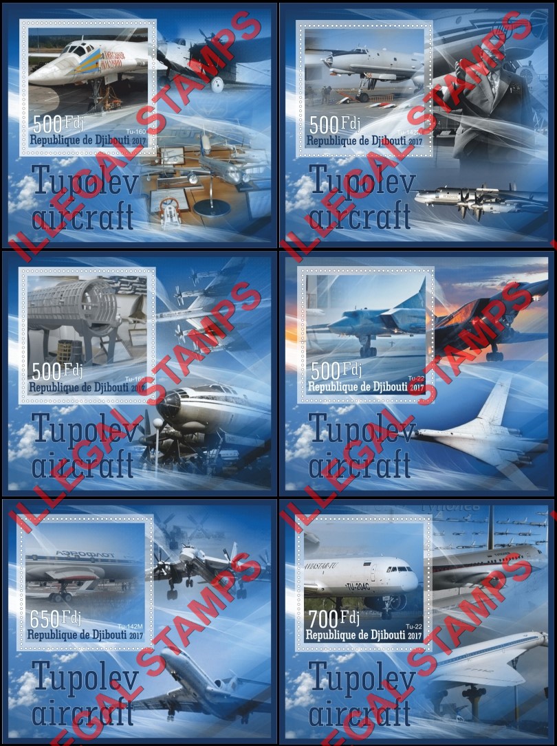 Djibouti 2017 Tupolev Aircraft Illegal Stamp Souvenir Sheets of 1 Djibouti 2017 Tupolev Aircraft Illegal Stamp Souvenir Sheets of 1