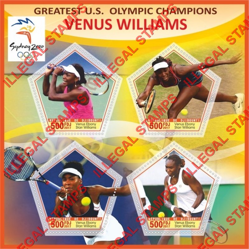 Djibouti 2017 Venus Williams Tennis Champion Sydney 2000 Illegal Stamp Souvenir Sheet of 4 Djibouti 2017 Venus Williams Tennis Champion Sydney 2000 Illegal Stamp Souvenir Sheet of 4