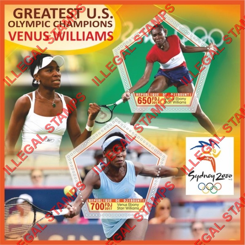 Djibouti 2017 Venus Williams Tennis Champion Sydney 2000 Illegal Stamp Souvenir Sheet of 2 Djibouti 2017 Venus Williams Tennis Champion Sydney 2000 Illegal Stamp Souvenir Sheet of 2