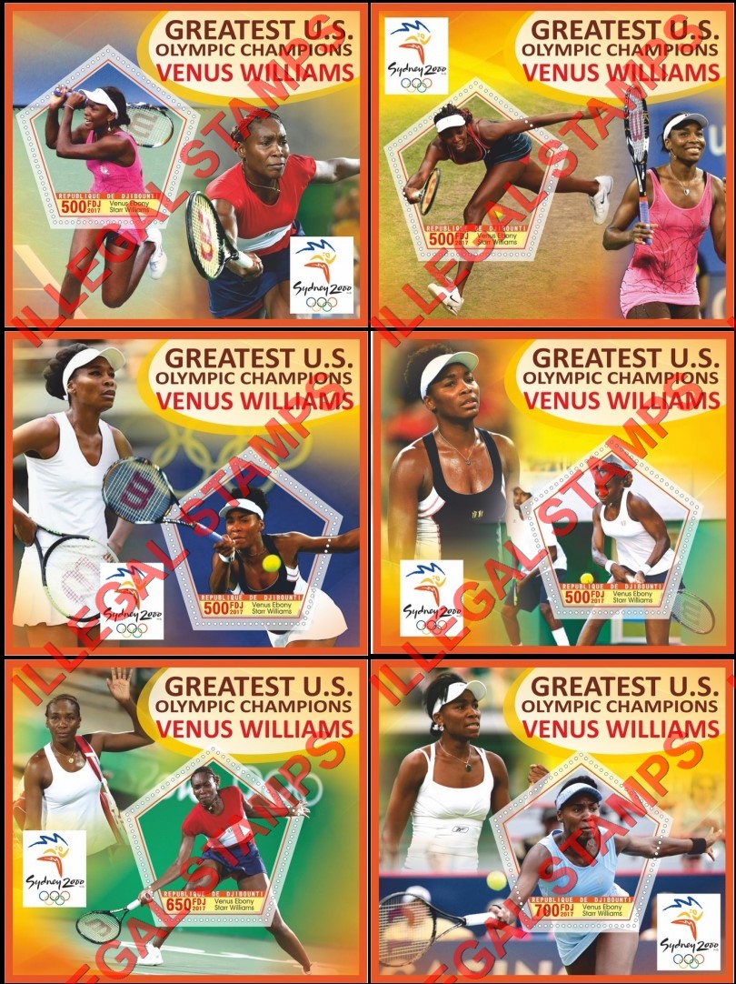 Djibouti 2017 Venus Williams Tennis Champion Sydney 2000 Illegal Stamp Souvenir Sheets of 1 Djibouti 2017 Venus Williams Tennis Champion Sydney 2000 Illegal Stamp Souvenir Sheets of 1