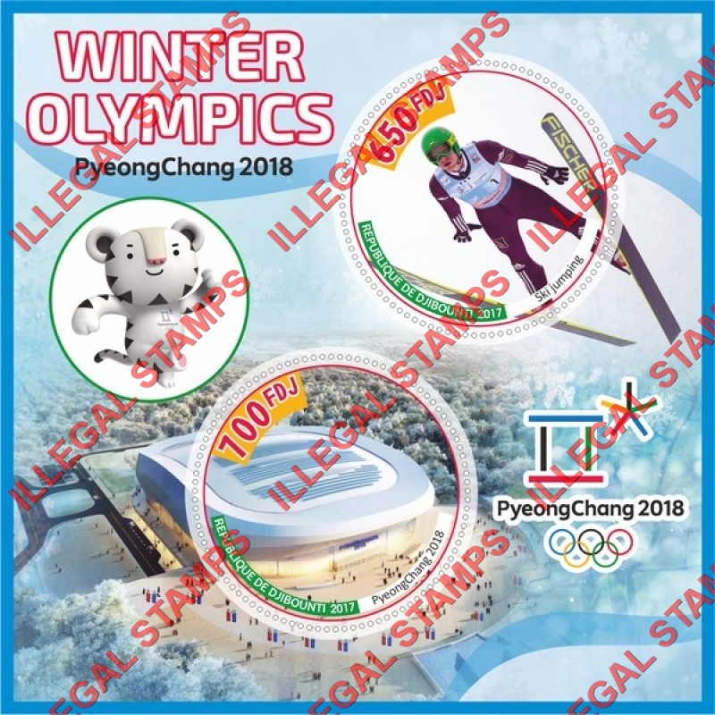 Djibouti 2017 Winter Olympic Games in PyeongChang 2018 (different) Illegal Stamp Souvenir Sheet of 2 Djibouti 2017 Winter Olympic Games in PyeongChang 2018 (different) Illegal Stamp Souvenir Sheet of 2